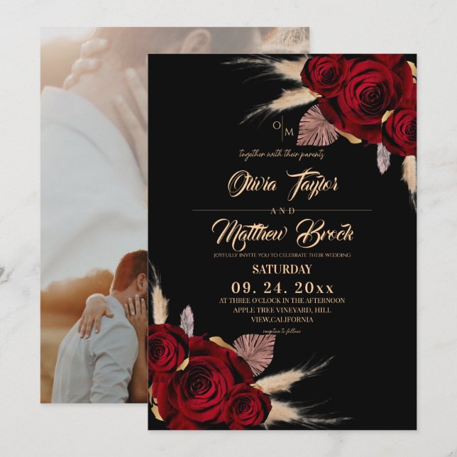 Invitation  Boho Burgundy Roses Floral Wedding (Devant / Derrière)