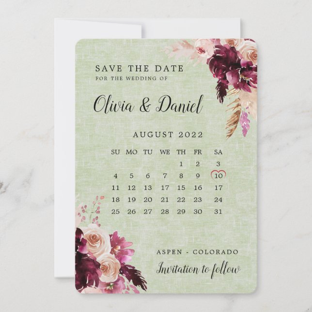 Invitation Boho Burgundy Sage Green Calendrier Enregistrer La (Devant)