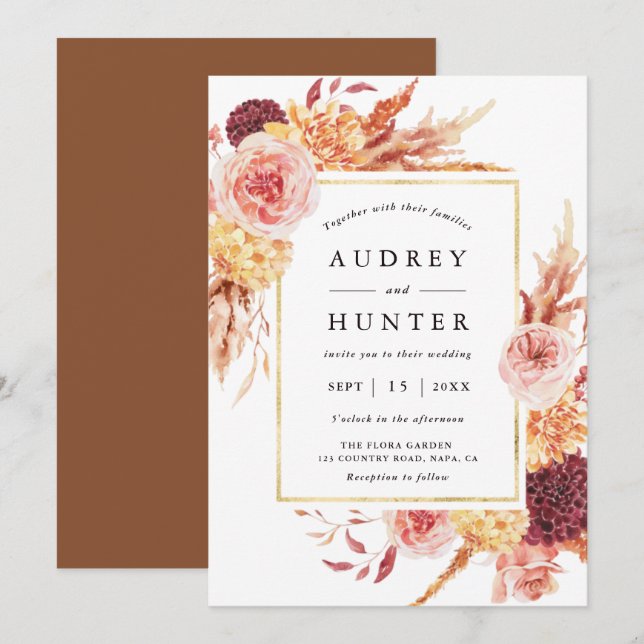 Invitation Boho Burgundy Terracotta Fleur Mariage Or Frame (Devant / Derrière)