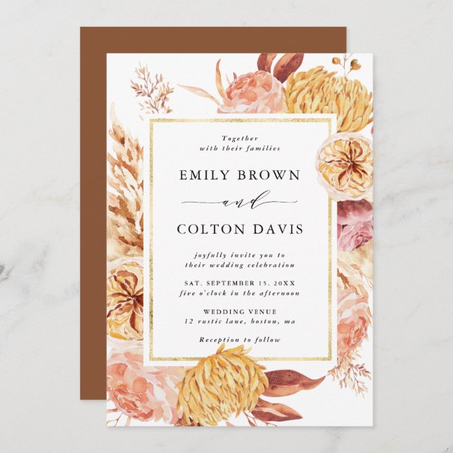 Invitation Boho Burgundy Terracotta Fleur Mariage Or Frame (Devant / Derrière)