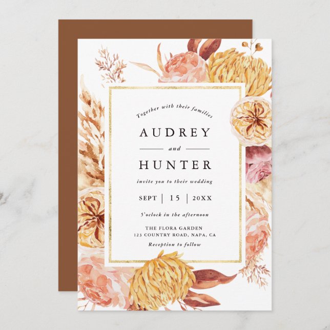 Invitation Boho Burgundy Terracotta Fleur Mariage Or Frame (Devant / Derrière)