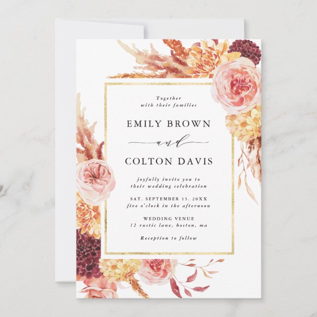 Invitation Boho Burgundy Terracotta Floral Gold Frame Mariage (Devant)