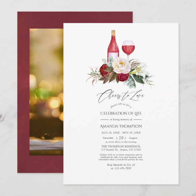 Invitation Boho Burgundy Vin Floral Célébration de la vie (Devant / Derrière)