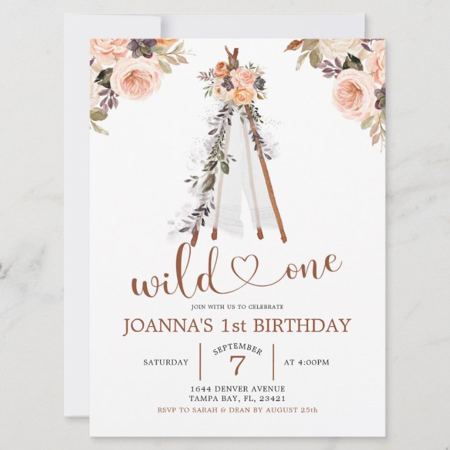 Invitation Boho Burn Orange Floral Teepee Girl Premier annive (Devant)