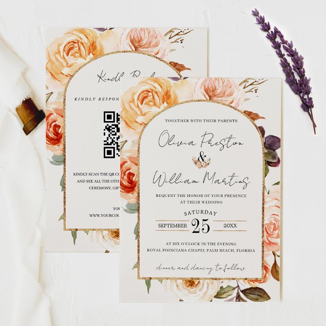 Invitation Boho Burnt Orange Floral Arch QR Code RSVP Mariage (Créateur téléchargé)