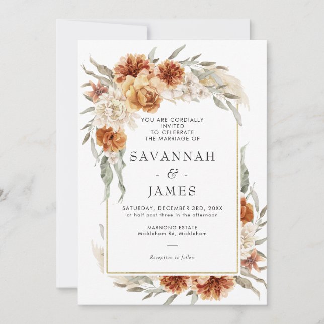 Invitation Boho Burnt Orange Floral Avec Mariage De Cadre (Devant)