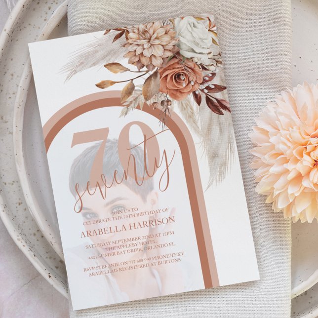 Invitation Boho Burnt Orange Floral Photo 70e anniversaire (Créateur téléchargé)