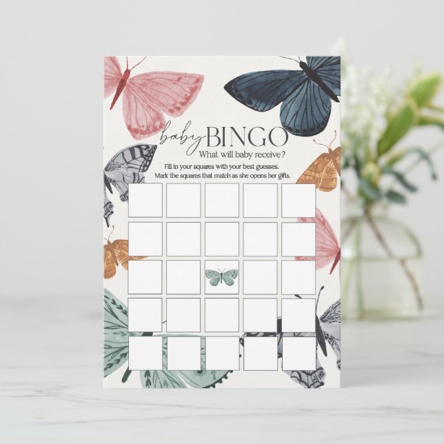 Invitation Boho Butterfly Baby shower Bingo Jeu (Debout devant)
