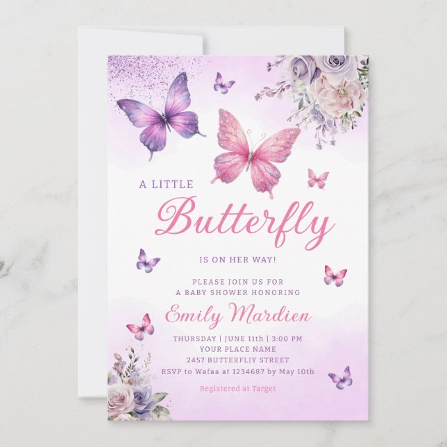 Invitation Boho Butterfly fille Baby shower Purple Floral Ros (Devant)