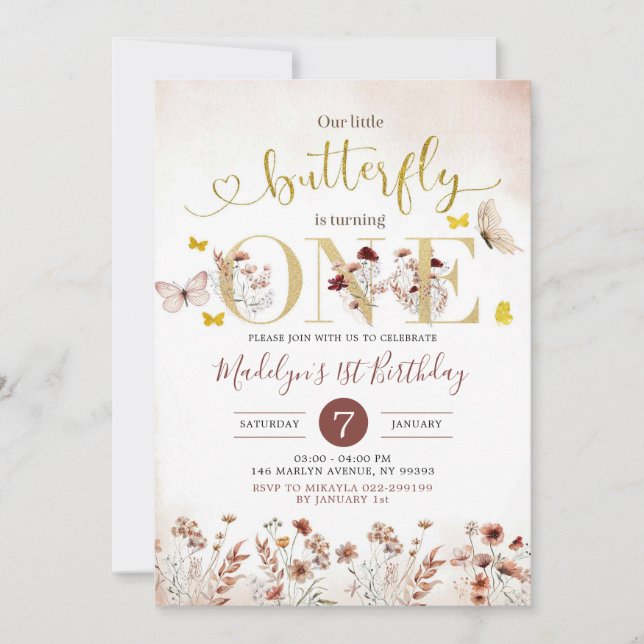 Invitation Boho Butterfly Fleur sauvage Premier anniversaire  (Devant)