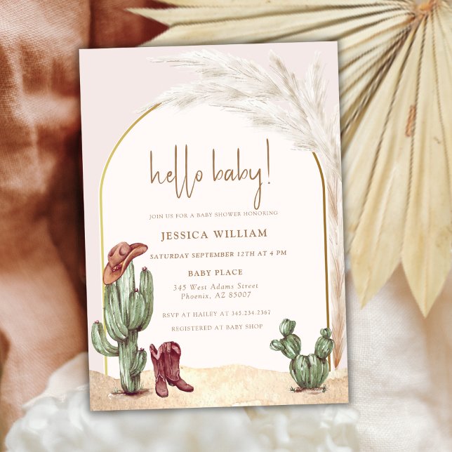 Invitation Boho Cactus Arch Desert Cowboy Bonjour Baby shower (Boho Cactus Arch Desert Cowboy Hello Baby Shower Invitation)