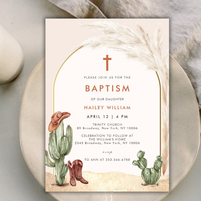 Invitation Boho Cactus Arch Desert Cowboy Cross Baptême (Boho Cactus Arch Desert Cowboy Cross Baptism Invitation)