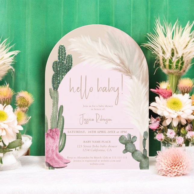 Invitation Boho cactus pampas arc baby shower bonjour (Boho cactus pampas arch hello baby shower invitation)
