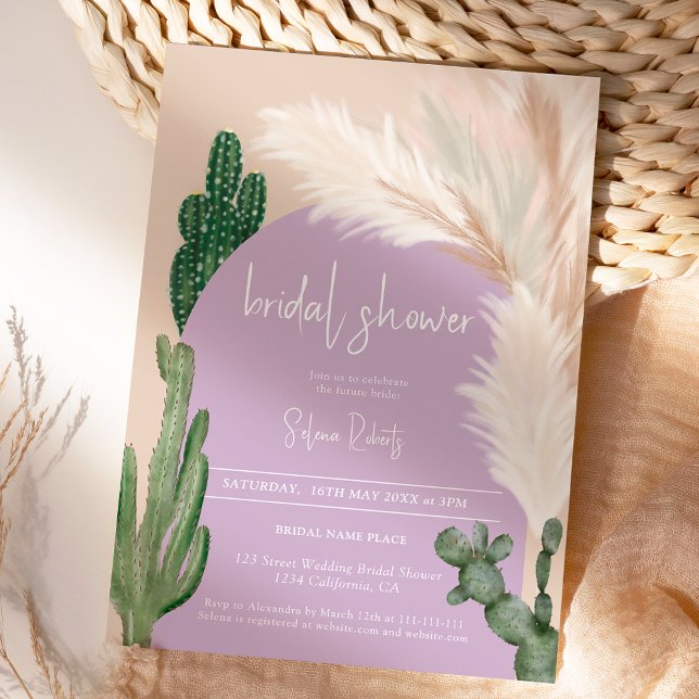 Invitation Boho cactus pampas arc violet douche nuptiale (Boho cactus pampas arch purple Bridal shower Invitation)