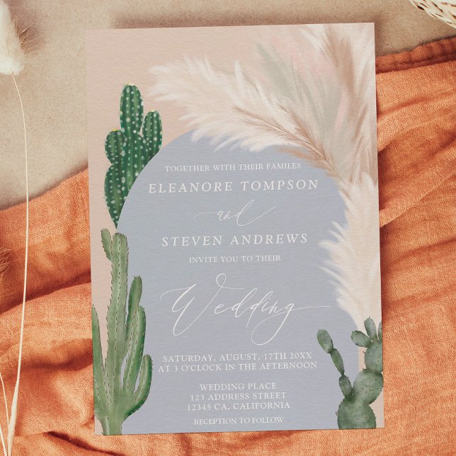 Invitation Boho cactus pampas arche bleu terre ton mariage (Boho cactus pampas arch blue earth tone wedding invitation)