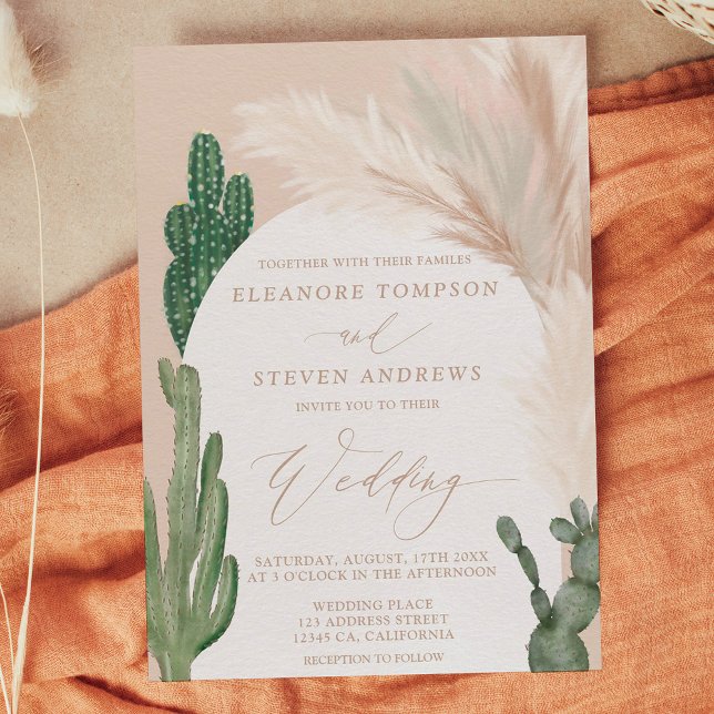 Invitation Boho cactus pampas arche pierre de terre beige mar (Boho cactus pampas arch beige earth tone wedding invitation)