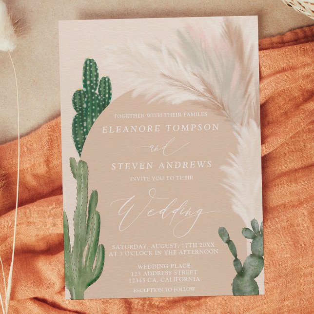 Invitation Boho cactus pampas arche pierre de terre beige mar (Boho cactus pampas arch beige earth tone wedding invitation)