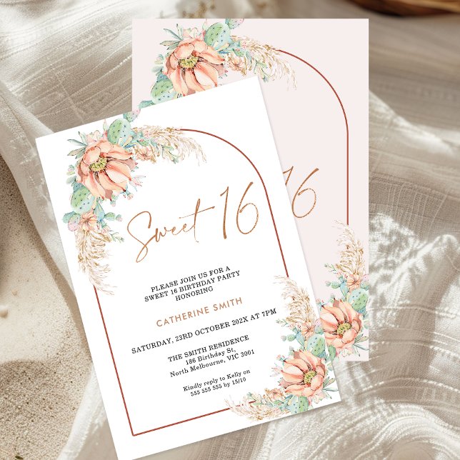 Invitation Boho Cactus Pampas Grass Sweet 16 Anniversaire (Boho Floral Sweet 16 Birthday Invitation, Modern Arch, pampas Grass, Cactus Floral, 16th Birthday )