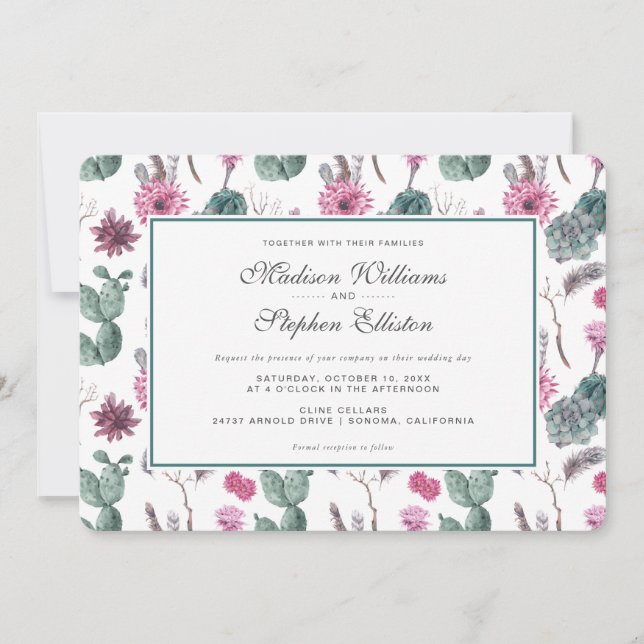 Invitation Boho Cactus, Succulent & Floral - Mariage (Devant)