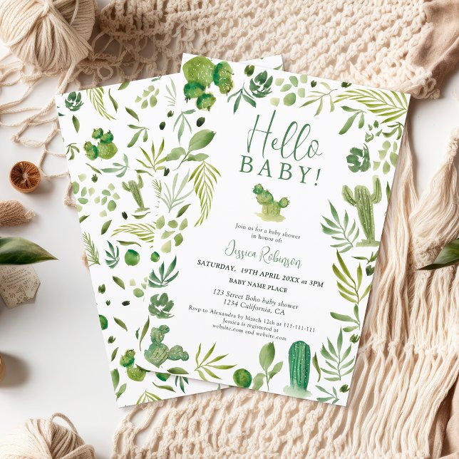 Invitation Boho cactus vert genre neutre baby shower bonjour (Boho cactus green gender neutral hello baby shower invitation)