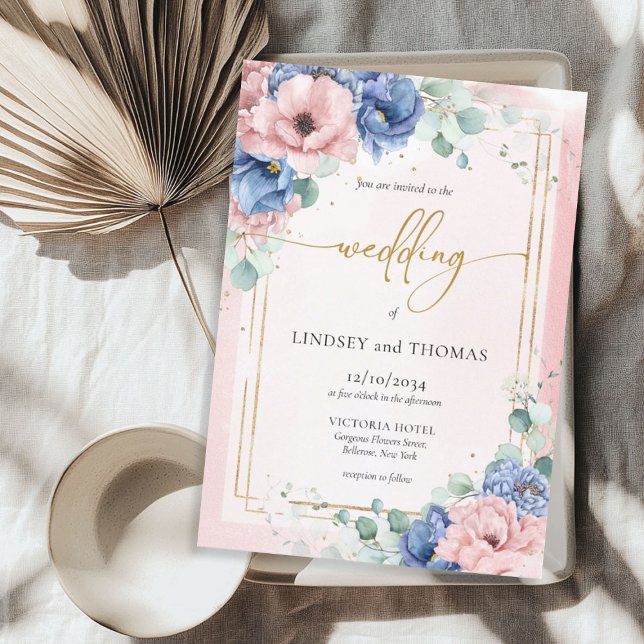 Invitation Boho cadre rose et bleu à fleurs eucalyptus or (Boho pink and blue floral eucalyptus gold frame invitation)