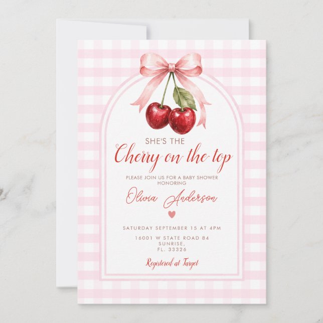 Invitation Boho Cerise sur le Haut Baby Shower Rose Ruban Gin (Devant)