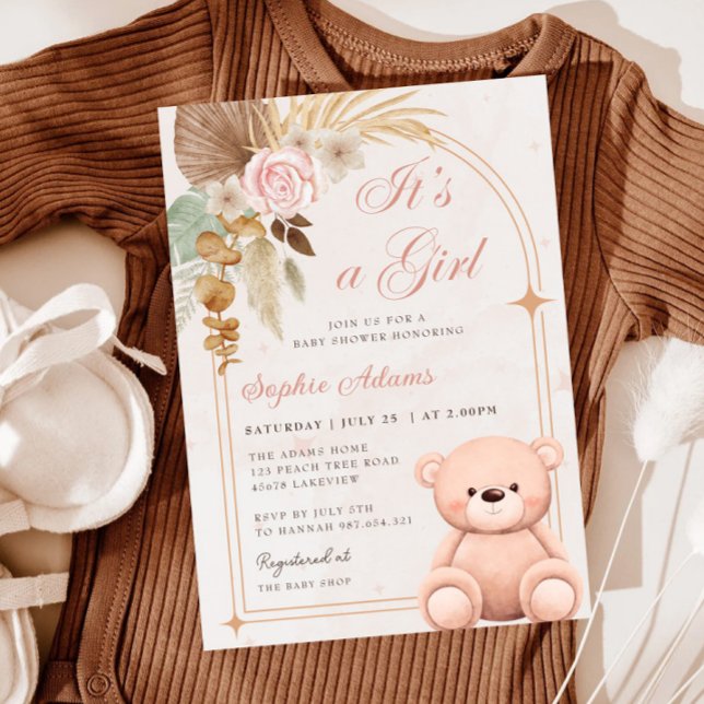 Invitation Boho C'est une fille Teddy Bear Baby shower rose (Créateur téléchargé)