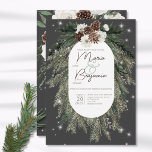 Invitation Boho Charcoal Pine Winter Sparkle Wedding Invitati<br><div class="desc">Ce design comprend un bouquet rustique de pin vert et de pinecone sur un arrière - plan au charbon de bois avec des fleurs blanches. Il est agrémenté d'une couverture brillante blanche pour illustrer la magie des belles vacances d'hiver. Parfait pour un mariage de Noël ou d'hiver. Cette carte fait...</div>
