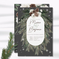 Boho Charcoal Pine Winter Sparkle Wedding Invitati