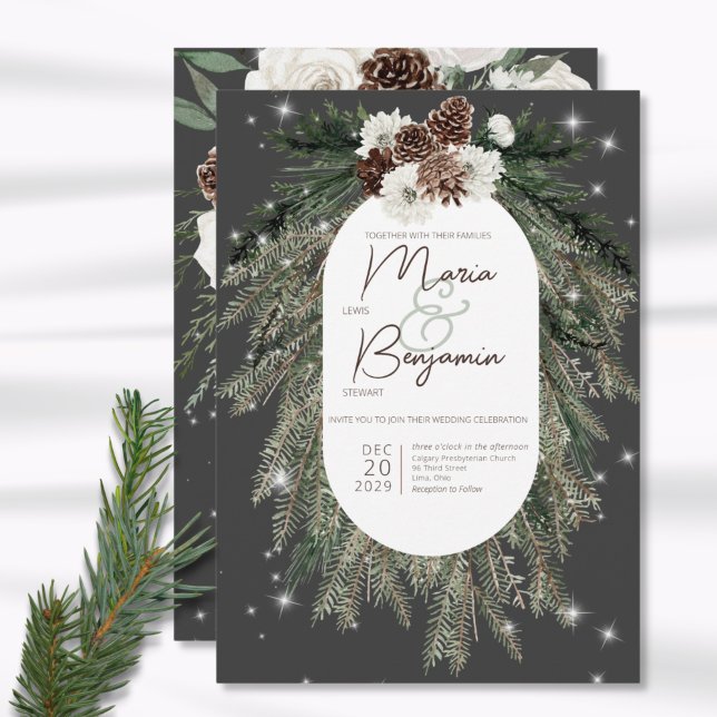 Invitation Boho Charcoal Pine Winter Sparkle Wedding Invitati (Créateur téléchargé)
