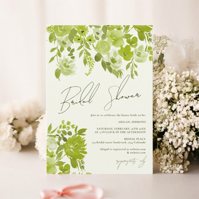 Invitation Boho chaux vert main peint à floral nuptiale douch (Boho lime green hand painted floral bridal shower invitation)