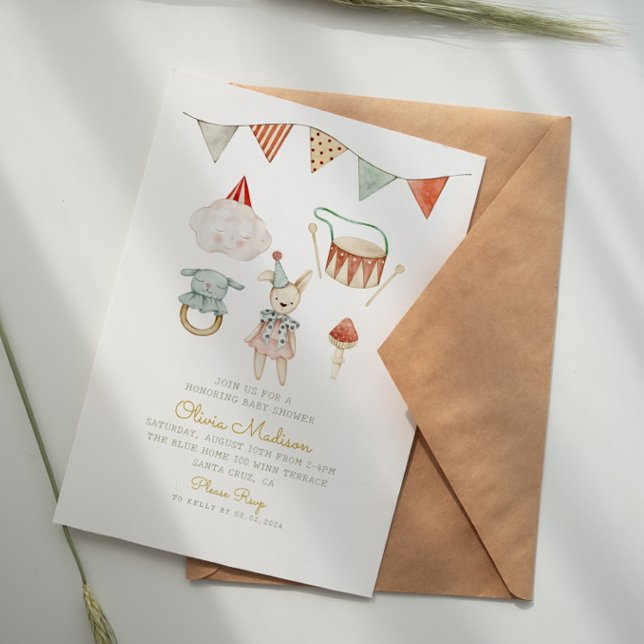Invitation Boho Chic Aquarelle Champignons et Jouets Baby Sho (Créateur téléchargé)