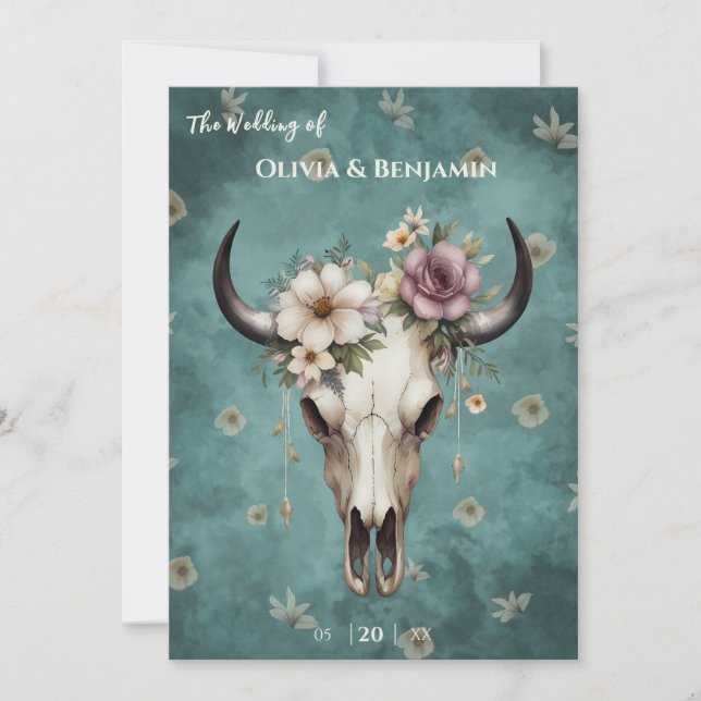 Invitation Boho Chic Aquarelle Crâne de Vache Floral Mariage (Devant)