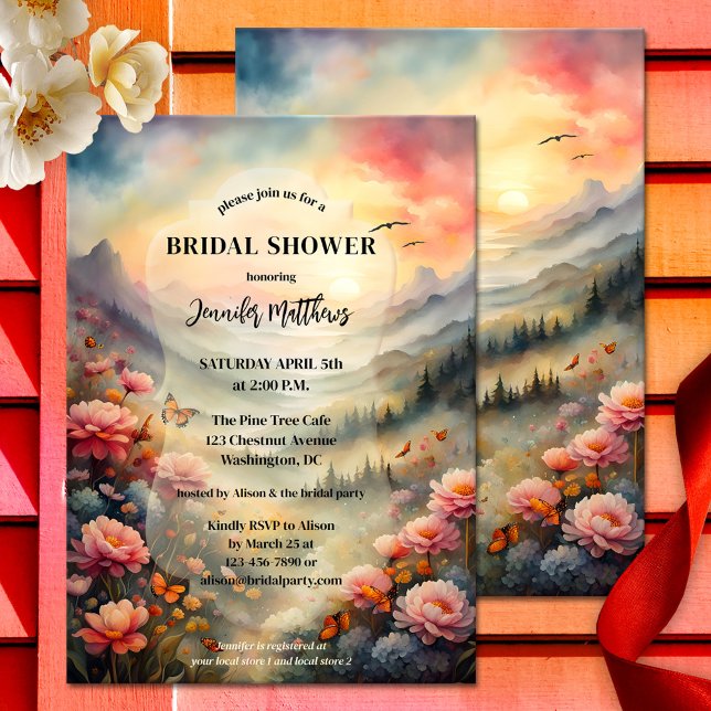 Invitation Boho Chic Aquarelle Fête des mariées Florale (Bridal shower invite showing a romantic watercolor landscape with colorful flowers and butterflies)