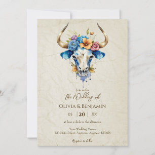 Invitation Boho Chic Aquarelle Floral Vache Mariage crâne