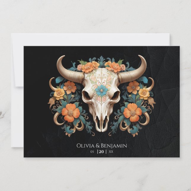 Invitation Boho Chic Aquarelle Floral Vache Mariage crâne (Devant)