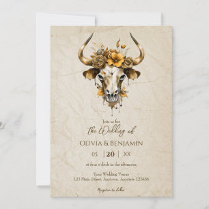 Invitation Boho Chic Aquarelle Floral Vache Mariage crâne