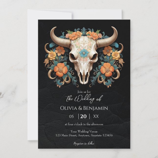 Invitation Boho Chic Aquarelle Floral Vache Mariage crâne (Devant)