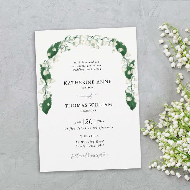 Invitation Boho Chic Aquarelle Lily Valley Feuille Mariage Ar (lily of the valley wedding invitation card watercolor fine art hand drawn romantic boho arch)