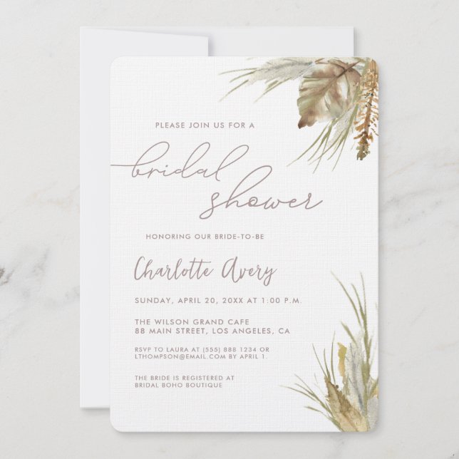 Invitation Boho Chic aquarelle Pampas herbe Fête des mariées (Devant)