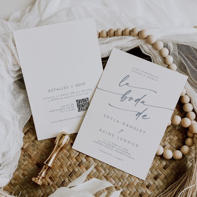 Invitation Boho Chic Ardoise Bleu QR Code Espagnol Mariage (Créateur téléchargé)