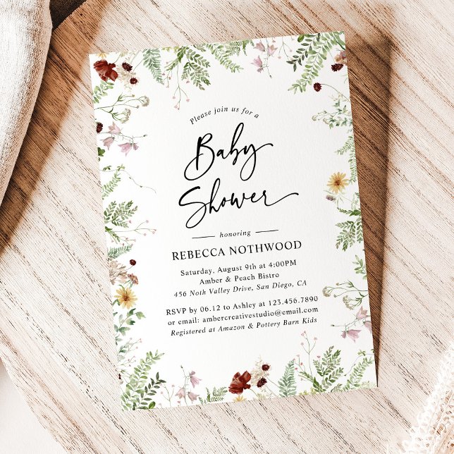 Invitation Boho Chic Baby shower Fleur sauvage avec vert (Créateur téléchargé)