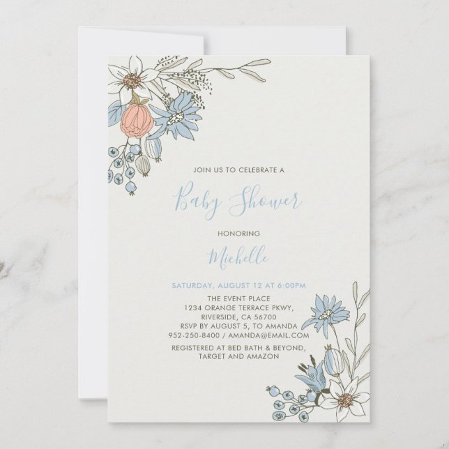 Invitation Boho chic Baby shower floral bleu printemps (Devant)