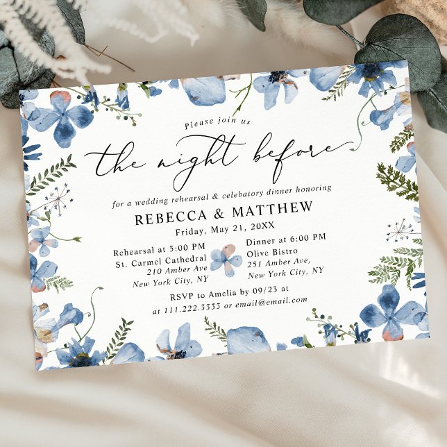 Invitation Boho Chic Bleu Botanique La Nuit Avant Le Mariage (Créateur téléchargé)