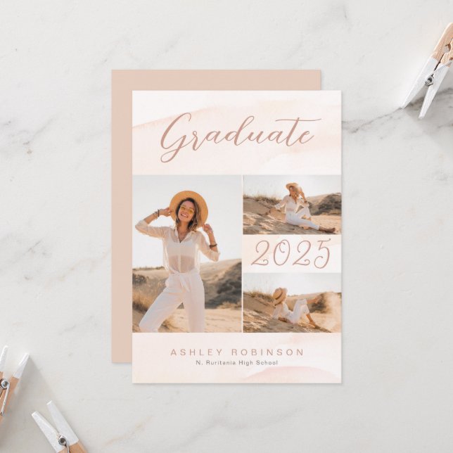 Invitation Boho Chic Blush Aquarelle & Graduation Script (Devant/Arrière en situation)