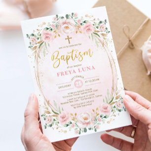 Invitation Boho Chic Blush Or Rose Floral Girl Baptême