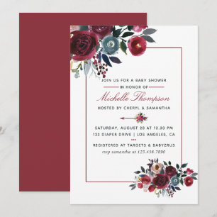 Invitation Boho Chic bordeaux et floral marine Baby Shower