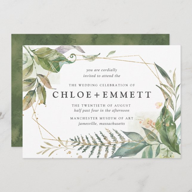 Invitation Boho Chic Botanique Or Mariage géométrique (Devant / Derrière)