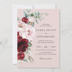 Invitation Boho Chic Bourgogne Blush Peonies Floral Mariage
