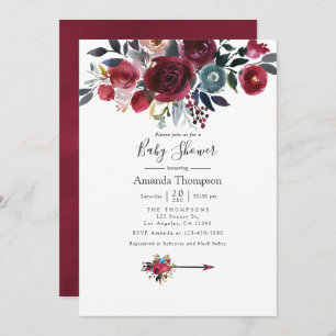 Invitation Boho Chic Bourgogne et Baby shower floral Navy